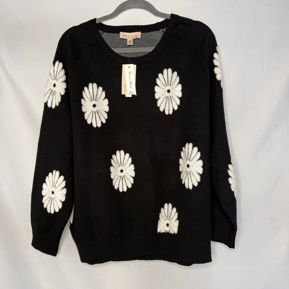 Philosophy Woman Daisy Knit Sweater Black White 1X NWT Floral Pullover